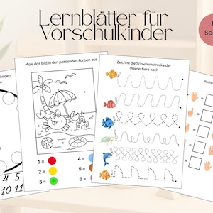 May include: Educational worksheets for preschool children with various activities. Includes a clock face, coloring pages, tracing lines, and simple addition problems. The text "15 Seiten" is visible on the top right.