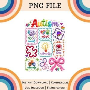 May include: A colorful graphic with the word "Autism" and related words like "accept", "adapt", and "advocate". The design includes puzzle pieces, hearts, and a bow, with the text "INSTANT DOWNLOAD | COMMERCIAL USE INCLUDED | TRANSPARENT".