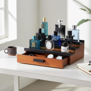 Puede incluir: Un organizador de madera escalonado con un cajón, que muestra varios frascos de perfume en tonos azules, negros y transparentes. El cajón contiene relojes y anillos. Una pequeña taza marrón está a la izquierda.