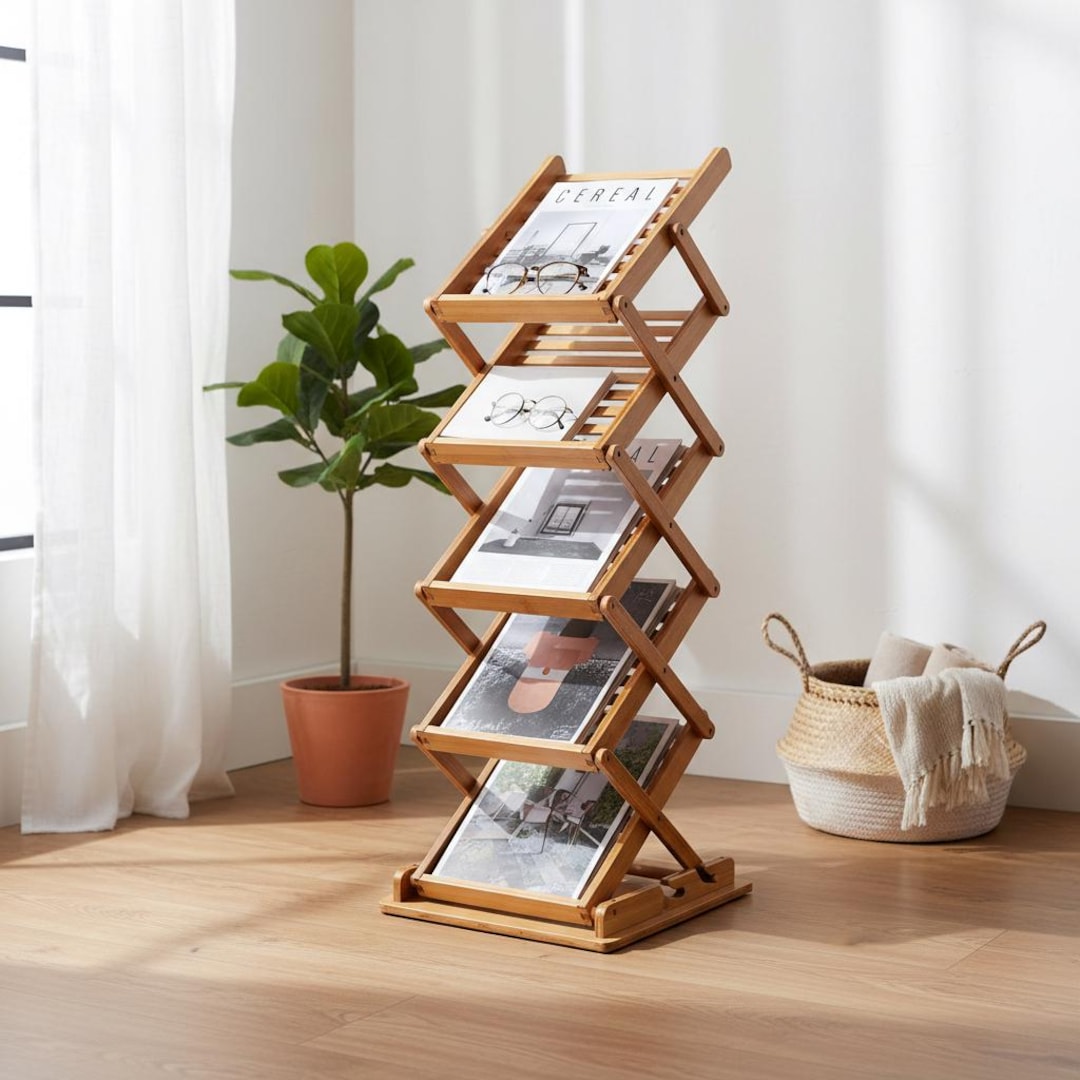 Portable Foldable Wooden Literature Rack, 5 Pocket Display Stand for ...