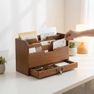 Könnte beinhalten: Ein hölzerner Schreibtisch-Organizer mit mehreren Fächern für Post und Schreibwaren. Der Organizer hat eine Schublade und ist mit Karten und Papieren gefüllt. Das Holz hat einen warmen, braunen Farbton, und die Schublade hat einen Metallgriff.