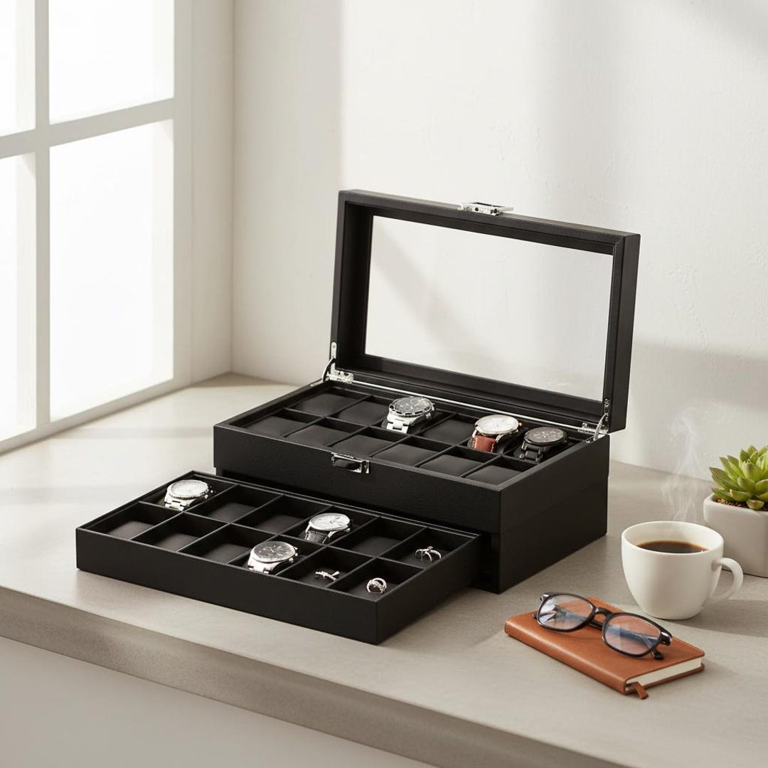 Two Watch Box 2 Layer 24 Compartment Watch Box, Lockable Glass Top Display Case for ...