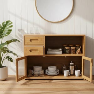 May include: A light-colored bamboo cabinet with two drawers and a lower cabinet with glass doors. The cabinet is filled with dishes, glasses, and kitchen supplies. A large plant and a round mirror are in the background.