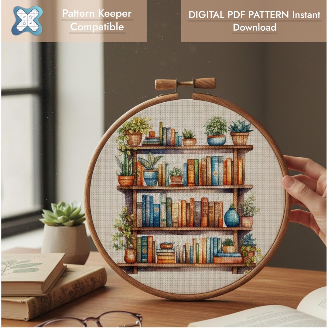 Bookshelf Cross Stitch Pattern, Cozy Books, Plants, PDF Instant ...