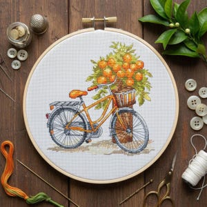 Patrón de punto de cruz de bicicleta naranja, bordado de bicicleta de verano mediterránea (descarga digital en PDF)