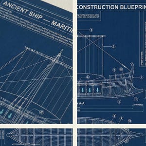 May include: A detailed blueprint of an ancient ship, with cross-sections and sail propulsion systems. The design is rendered in white lines on a dark blue background, showcasing the ship's construction and maritime details.