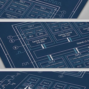 Puede incluir: Un plano detallado de un procesador de computadora, con múltiples núcleos, cachés y unidades de control. El diagrama está en líneas blancas sobre un fondo azul oscuro, mostrando la arquitectura interna y el flujo de datos.