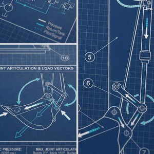 Könnte beinhalten: Blaupausen-Diagramm der Hydraulik von Schwermaschinen, mit detaillierten Schemata von Hydraulikfluss, Kontrollprotokollen und Gelenkverbindungen mit Lastvektoren. Das Diagramm enthält Textbeschriftungen und Messungen.