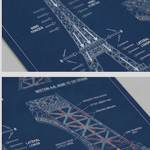 May include: Architectural blueprints of the Eiffel Tower, detailing structural analysis. The drawings, in white and blue, illustrate wind forces, lateral loads, and the base to the 1st stage. Text includes "Section A-A" and "Drawing No: E-001". Measurements are in metric.