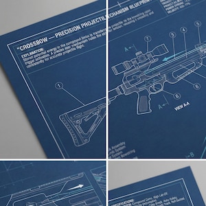 Puede incluir: Plano detallado de una ballesta, con diagramas de líneas blancas sobre fondo azul. La imagen destaca el gatillo, el sistema de fiador y otros aspectos técnicos. El texto incluye "Crossbow - Precision Projectile Mechanism Blueprint" y especificaciones.