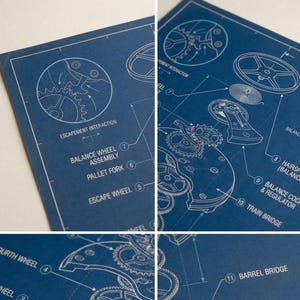 Może przedstawiać: Szczegółowy plan mechanizmu zegarka, zawierający skomplikowane schematy kół zębatych, kół i innych elementów. Projekt jest renderowany w kolorze białym na niebieskim tle, z etykietami wskazującymi różne części, takie jak koło balansowe i koło wychwytowe.