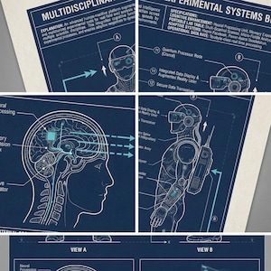 May include: A blueprint-style poster titled "Multidisciplinary Scientist - Experimental Systems Blueprint." The poster features detailed illustrations of human anatomy with technological integrations, including a brain diagram and a robotic arm. Text includes specifications and explanations.