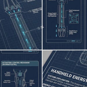 Op de afbeelding: Gedetailleerde blauwdruk van een draagbaar energieapparaat, met schema's van interne energiestroom, activeringsmechanismen en systeemverklaringen. De diagrammen zijn wit op een blauwe rasterachtergrond.