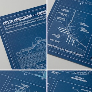 May include: Four blue engineering blueprints detailing the Costa Concordia grounding incident. The diagrams include hull-rock interface details, breach locations, and compartment flooding sequences. Text includes "Costa Concordia - Grounding".