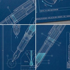 Puede incluir: Ilustración tipo plano de un instrumento de escritura de precisión, mostrando sus componentes internos y mecanismo de llenado. El diseño presenta diagramas detallados con medidas y etiquetas, en blanco sobre fondo azul.