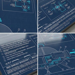 Könnte beinhalten: Blaupause des Raumschiffs von Rick Sanchez mit Diagrammen zur Antriebslogik, Steuerungssystemen und Dimensionsreisen. Der Bauplan enthält technische Schemata und Text, im Maßstab 1:50.