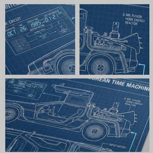 May include: A blueprint-style print featuring detailed schematics of the DeLorean time machine. The design includes technical diagrams, dates, and the text "BLUEPRINT SYSTEMS LAB - DE LOREAN TIME MACHINE". The color scheme is white on a blue background.