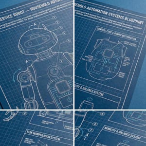 May include: Blueprints of a household service robot, showcasing its design and functionality. The diagrams detail the robot's control core, task manipulation system, and mobility features. The text includes technical terms and diagrams.