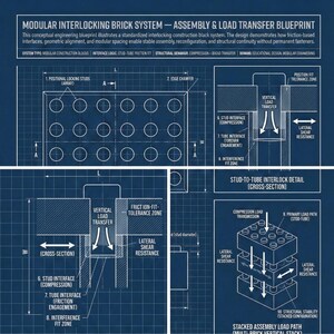 May include: A blueprint-style diagram detailing a modular interlocking brick system. The design showcases friction-based interfaces, geometric alignment, and load transfer. The diagram includes cross-sections and labels for various components, such as studs and tube interfaces.