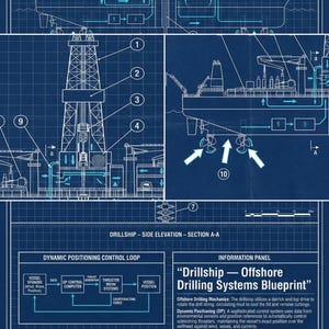 Op de afbeelding: Een blauwdruk-achtige illustratie van een boorschip, met de zijaanzicht en interne systemen. De afbeelding bevat gedetailleerde diagrammen van de componenten van het schip, gelabeld met nummers en pijlen, en tekst die de boormachines en dynamische positionering beschrijft.