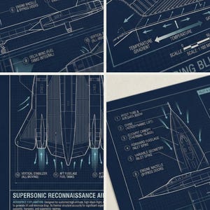 Może przedstawiać: Szczegółowe schematy samolotu rozpoznawczego naddźwiękowego, przedstawiające elementy silnika, zbiorniki paliwa i konstrukcje rozprężne. Schematy są białe na ciemnoniebieskim tle.