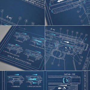 Pode incluir: Plantas azuis detalhadas dos mecanismos internos de uma arma de fogo, mostrando as etapas do ciclo de disparo. Os diagramas incluem câmara, disparo, extração e alimentação. O texto inclui especificações e detalhes técnicos.