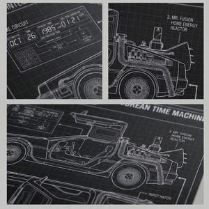 Könnte beinhalten: Schwarz-weiße Illustrationen im Blaupausenstil einer DeLorean-Zeitmaschine mit detaillierten Schemata und Text. Das Datum "OCT 26, 1985" ist sichtbar. Das Bild ist eine technische Zeichnung.