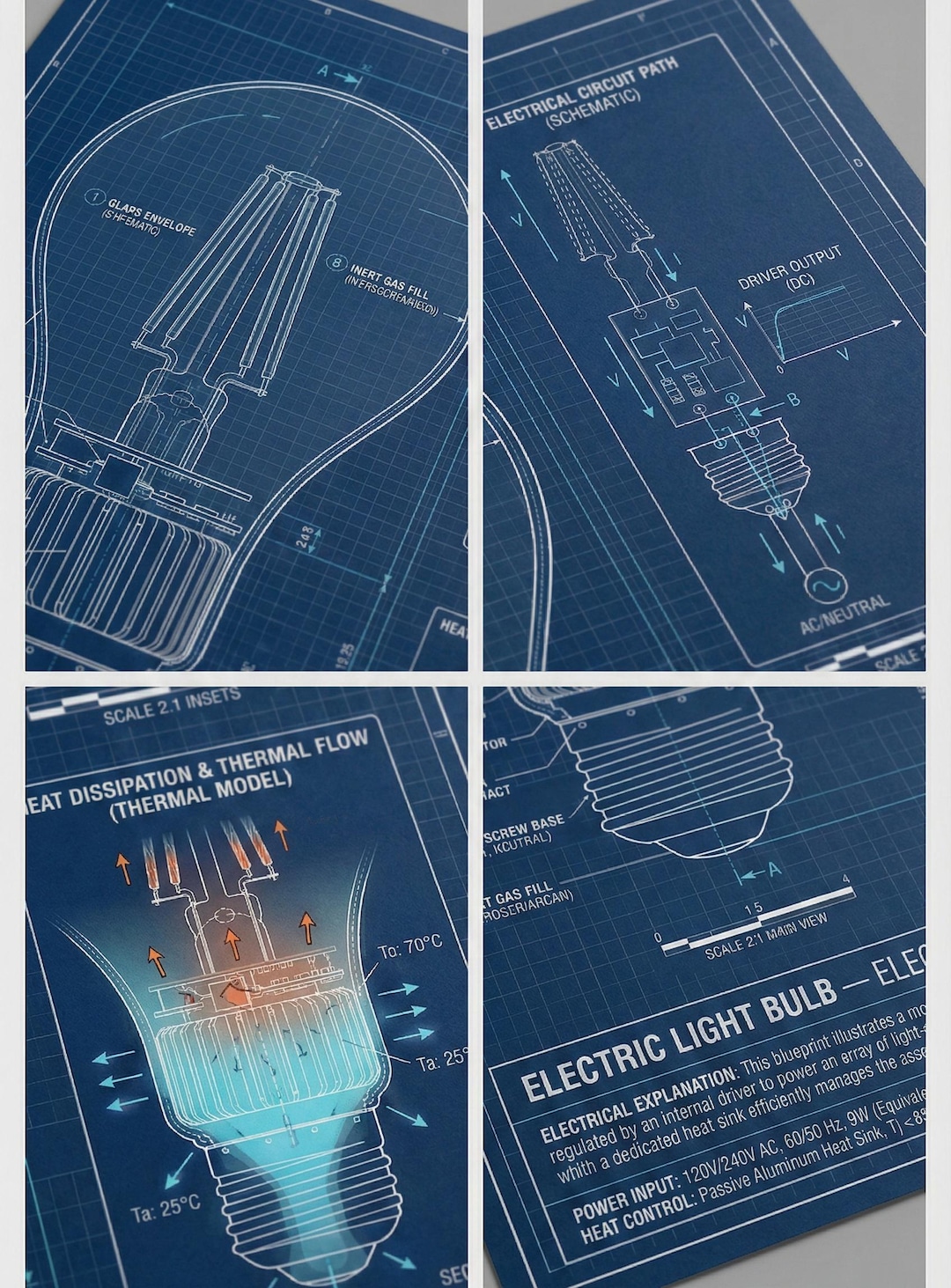 LED Light Bulb Blueprint | Electrical Engineering Art (A2 A3 A4 Digital ...