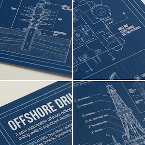 May include: Four blue prints with white technical drawings of offshore drilling equipment. The blueprints include detailed diagrams of the drilling riser, seabed interface, and offshore drilling rig. Text includes "DRILLING RISER & SEABED INTERFACE DETA" and "OFFSHORE DRV".