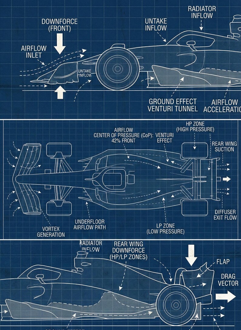 Formula 1 Aerodynamics Blueprint Poster F1 Downforce Airflow Diagram Formula 1 Aerodynamics Blueprint Poster F1 Downforce Airflow Diagram
