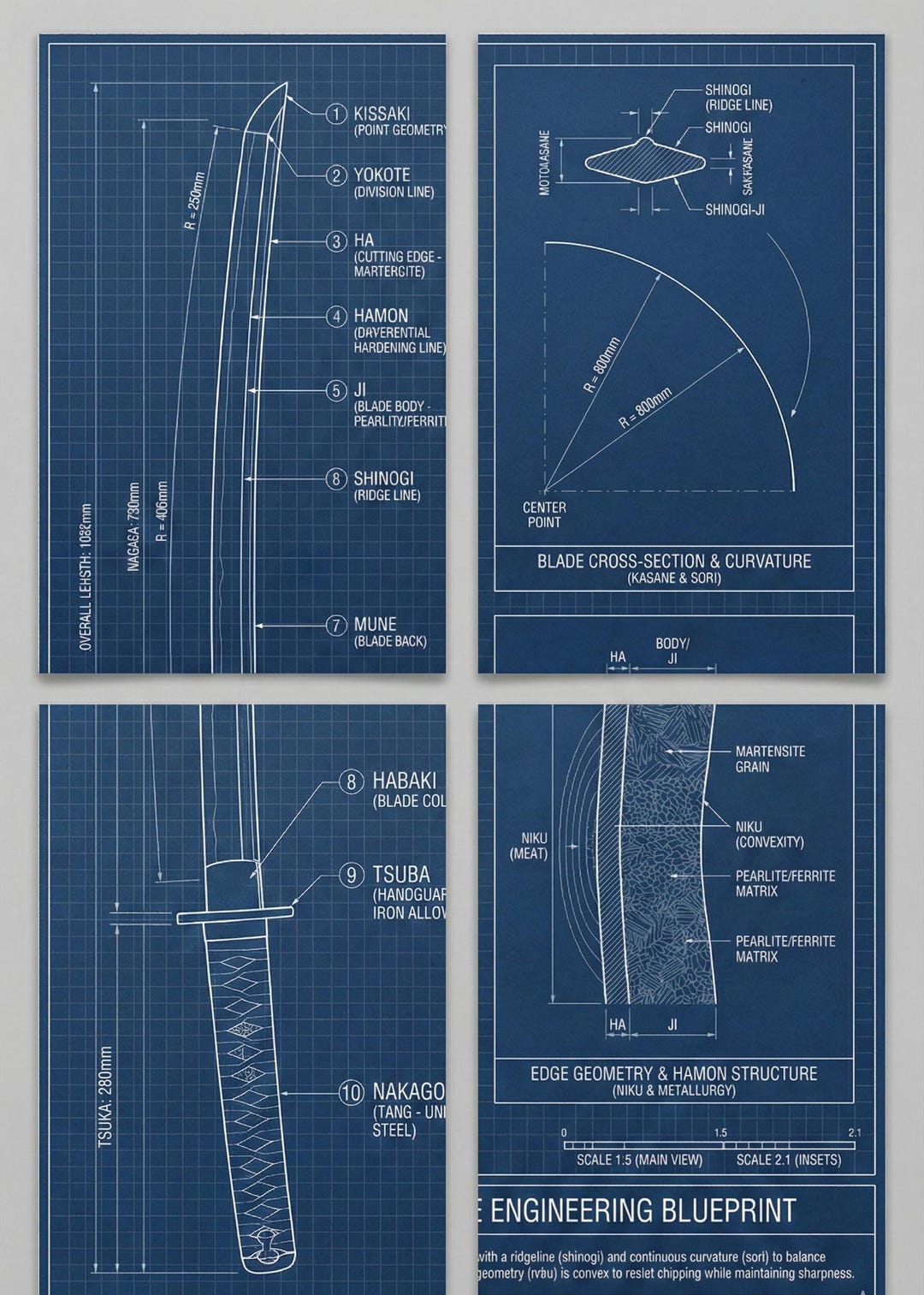 Katana Ruler Patterns Japanese Katana Blueprint | Metallurgy Technical Art (A2 A3 A4 Digital ...