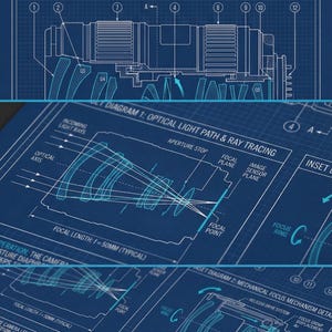 May include: A detailed blueprint of a camera lens, showcasing optical and focus mechanisms. The diagram, rendered in white lines on a blue background, includes labels and technical specifications. The text at the top reads "CAMERA LENS - OPTICAL & FOCUS MECHANISM BLUEPRINT".