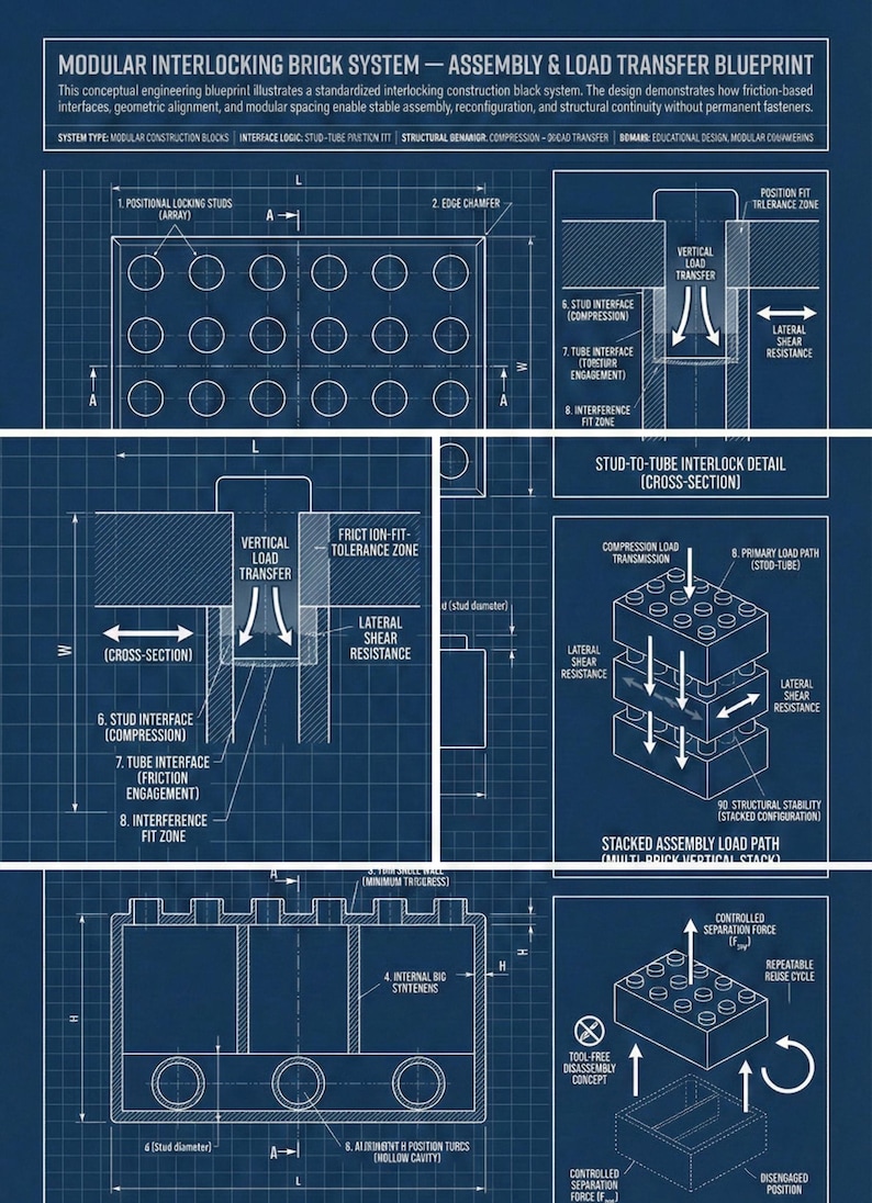 Interlocking Lego Brick Blueprint Poster | Modular Construction Art ...