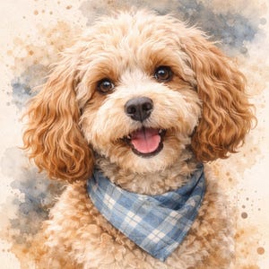 Op de afbeelding: Waterverfschilderij van een lachende hond met lichtbruine vacht en een blauw geruite bandana. De bek van de hond staat open en toont zijn roze tong. De achtergrond heeft aquarelspatten in bruin- en blauwtinten.