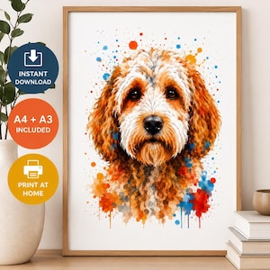 Puede incluir: Una impresión en acuarela enmarcada de un perro con pelaje marrón y blanco, acentuada con salpicaduras de pintura coloridas. La impresión se muestra sobre una superficie de madera, con el texto "INSTANT DOWNLOAD", "A4 + A3 INCLUDED" y "PRINT AT HOME" visible.
