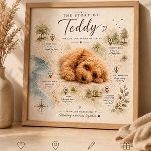 May include: Custom pet memory map in a wooden frame. The map features a watercolor illustration of a dog, with locations and text. The text includes "The Story of Teddy" and "Making memories together."
