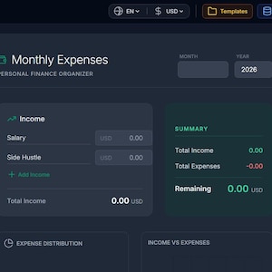 May include: A dark blue screen displays a personal finance organizer app. The interface shows sections for monthly expenses, income, and a summary. The app includes fields for salary, side hustle income, and expense tracking, with a year selection of 2026.