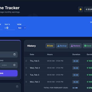 May include: A dark blue and purple Work Time Tracker interface. The interface displays hourly rate, tax, and monthly earnings. The history section shows dates, hours, duration, and earnings. The total for the month is €576.00.