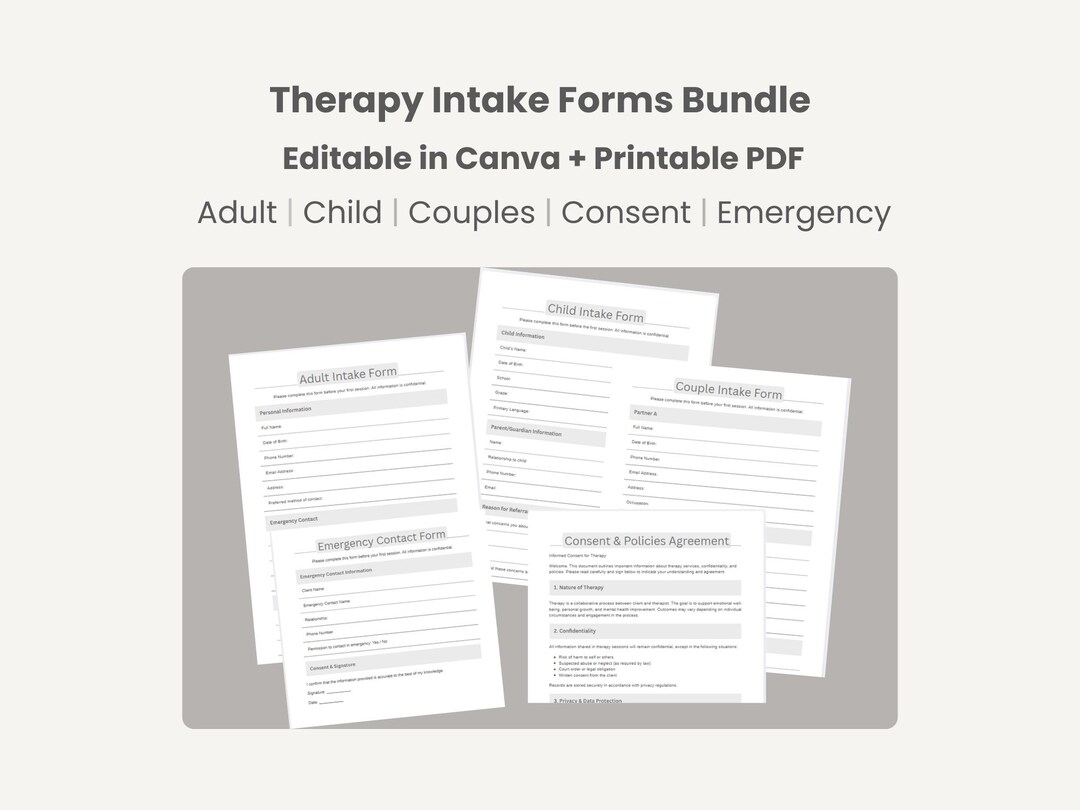 Professional Therapist Intake Forms Bundle | Minimal Client Packet ...