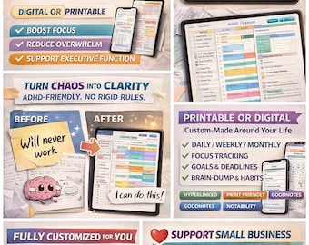Anpassad ADHD-planerare | Fokus och tidsblockering (digital eller utskrivbar PDF)