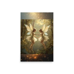 Op de afbeelding: Een print met twee feeën in een bos. De feeën hebben delicate vleugels, houden elkaars hand vast en dragen witte tutu's. De achtergrond toont een weelderig bos met zachte verlichting en een vleugje sprankeling.