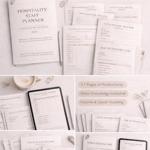 Puede incluir: Una colección de planificadores y rastreadores de papel blanco para el personal de hostelería. Los planificadores incluyen secciones para propinas, ingresos e inventario, con el texto "Hospitality Staff Planner" y "Professional Service Edition".