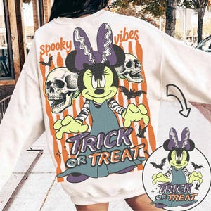 Trick or Treat Minnie Halloween Front&Back PNG, Spooky Vibes Png, Horror Halloween Png, Funny Halloween Shirt Design, Digital Download