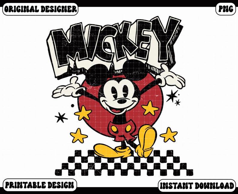Puede incluir: Un gr&aacute;fico de estilo vintage con Mickey Mouse con los brazos extendidos, sobre un c&iacute;rculo rojo y estrellas amarillas. La palabra "Mickey" se muestra en una fuente audaz y desgastada. El dise&ntilde;o incluye el texto "Original Designer", "Printable Design" e "Instant Download".