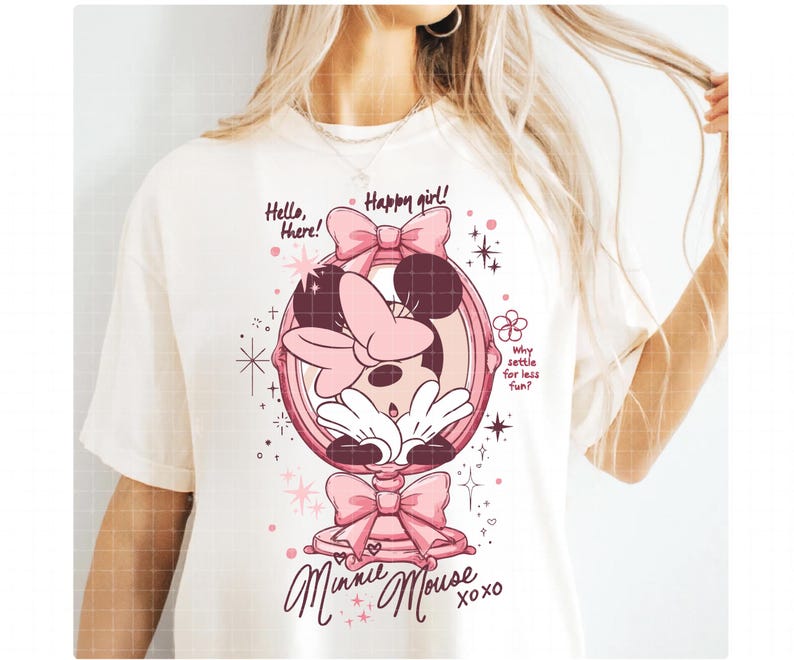 May include: Off-white t-shirt with a pink Minnie Mouse design. The graphic shows Minnie Mouse in a mirror, bows, and the text "Hello, there! Happy girl! Minnie Mouse xoxo." The design also includes the text "Why settle for less fun?"
