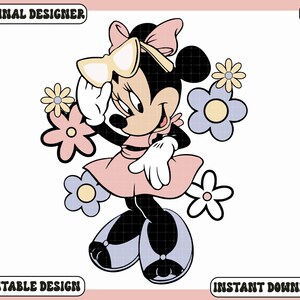 May include: A cartoon illustration of Minnie Mouse in a retro style. Minnie is wearing a pink dress, bow, and shoes, with white gloves. She is surrounded by pastel-colored flowers. The image includes the text "ORIGINAL DESIGNER", "PRINTABLE DESIGN", and "INSTANT DOWNLOAD".