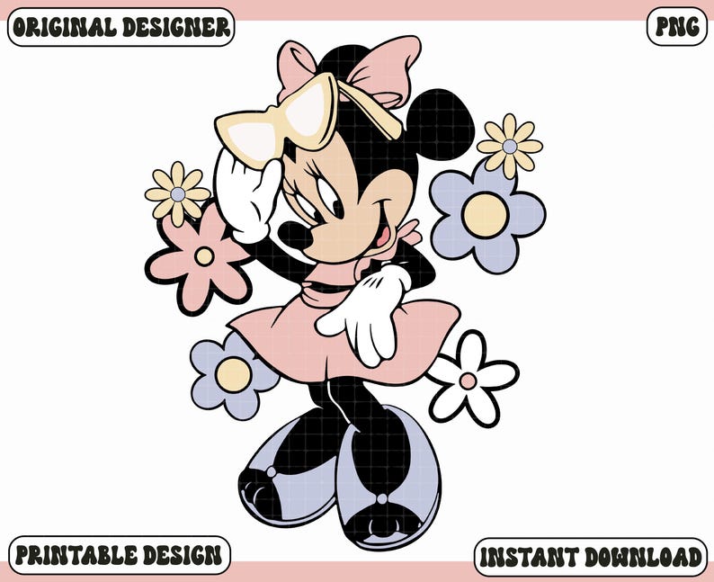 May include: A cartoon illustration of Minnie Mouse in a retro style. Minnie is wearing a pink dress, bow, and shoes, with white gloves. She is surrounded by pastel-colored flowers. The image includes the text "ORIGINAL DESIGNER", "PRINTABLE DESIGN", and "INSTANT DOWNLOAD".