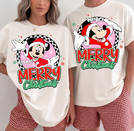 Santa Mickey Minnie Merry Christmas PNG, Holiday Season Couple Shirt Png, Checkered Mickey Minnie Christmas Sublimation, Winter Mouse Png