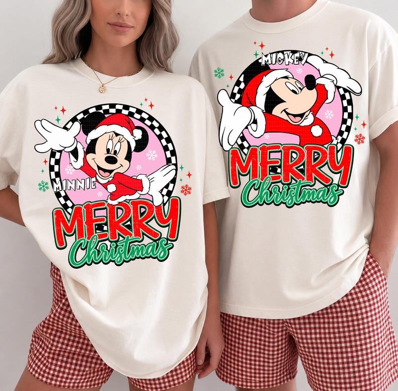 Jultomten Mickey Minnie God Jul PNG, Julklappspar med högtidssäsong PNG, Rutig Mickey Minnie Julsublimering, Vintermus PNG bild 1
