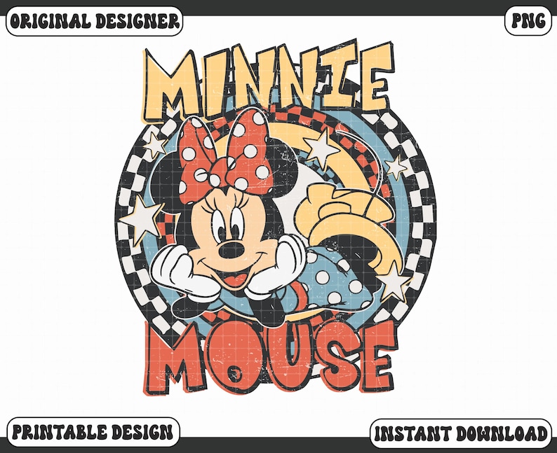 Puede incluir: Gr&aacute;fico de estilo vintage con Minnie Mouse, un lazo rojo con lunares y una sonrisa. El dise&ntilde;o incluye las palabras "MINNIE MOUSE" en letras desgastadas, sobre un fondo a cuadros y estrellado. El dise&ntilde;o est&aacute; etiquetado como "ORIGINAL DESIGNER", "PRINTABLE DESIGN" e "INSTANT DOWNLOAD".